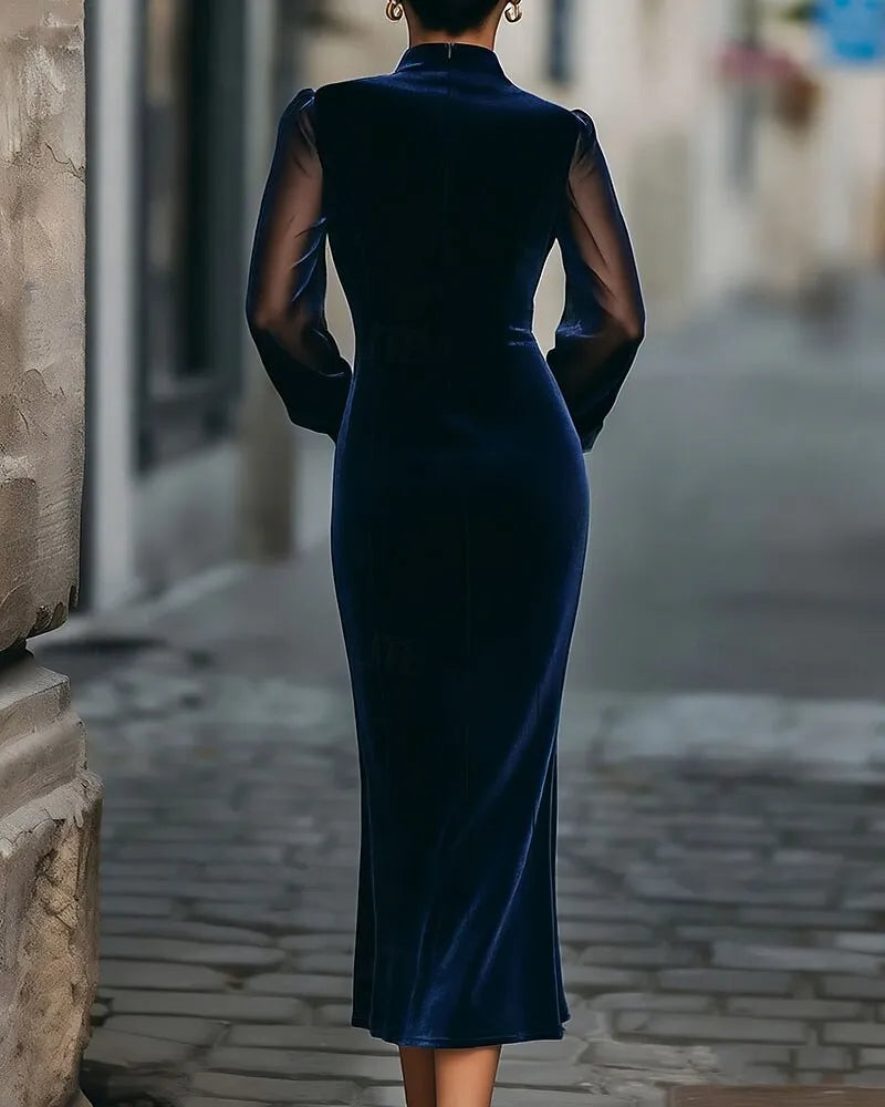 Glamorous Mermaid High-neck Long-sleeve Sheer-panel Navy Blue Velvet Midi Evening Dress for Women Hot Sale