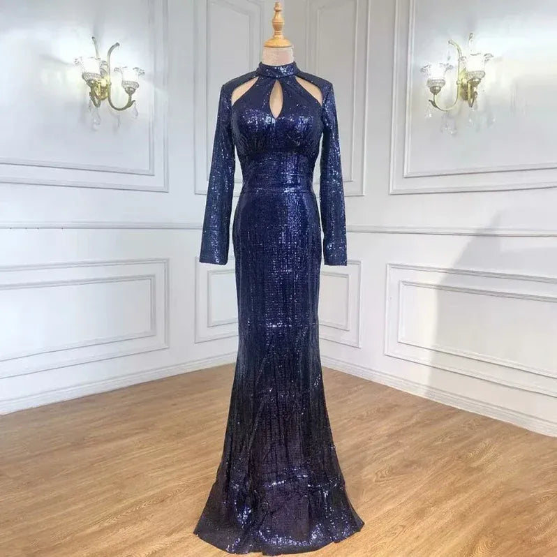 Glamorous Mermaid High-neck Long-sleeve Sequined Black Floor-length Prom Dress for Women Hot Sale