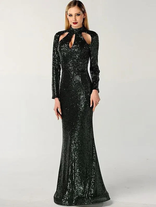 Glamorous Mermaid High-neck Long-sleeve Sequined Black Floor-length Prom Dress for Women Hot Sale