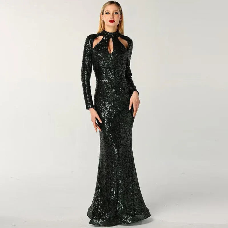 Glamorous Mermaid High-neck Long-sleeve Sequined Black Floor-length Prom Dress for Women Hot Sale