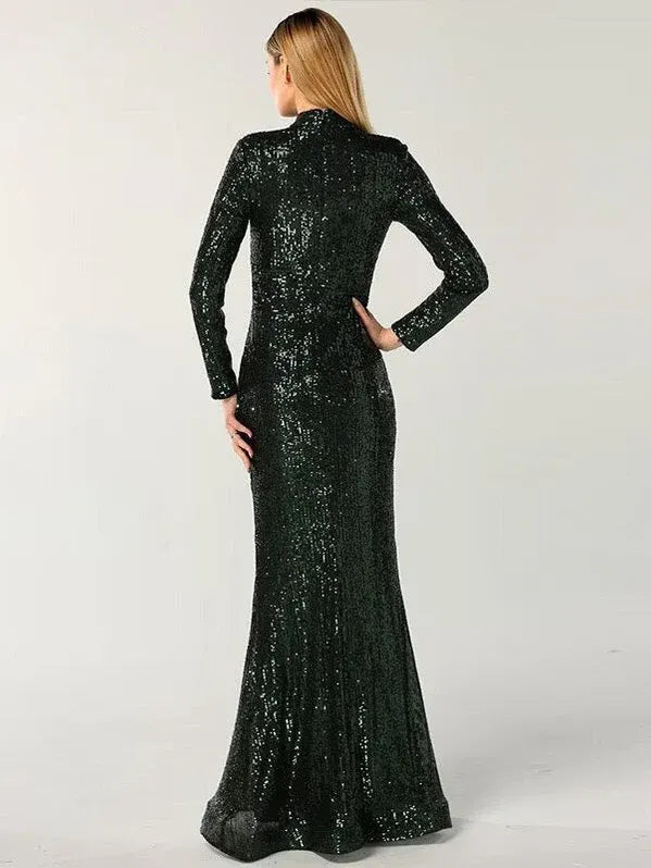 Glamorous Mermaid High-neck Long-sleeve Sequined Black Floor-length Prom Dress for Women Hot Sale