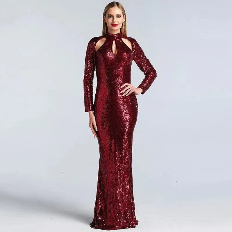Glamorous Mermaid High-neck Long-sleeve Sequined Black Floor-length Prom Dress for Women Hot Sale