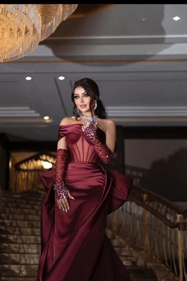 Glamorous Mermaid Off-Shoulder Beaded Burgundy Train Party Dress