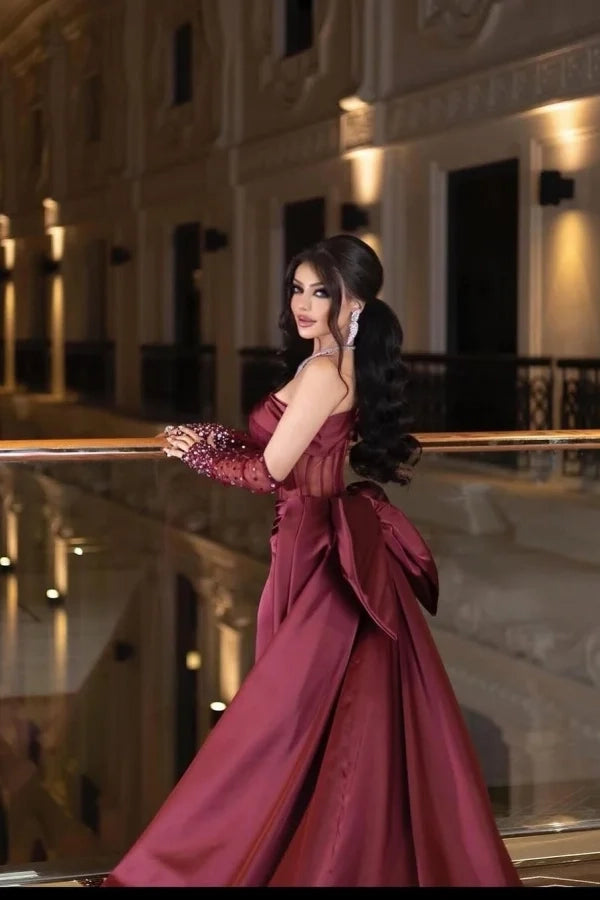 Glamorous Mermaid Off-Shoulder Beaded Burgundy Train Party Dress