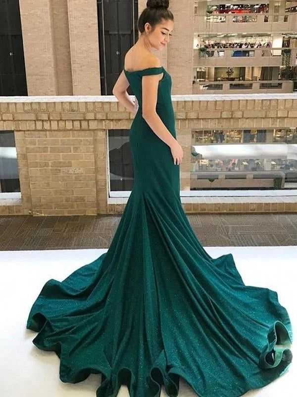 Glamorous Mermaid Off-Shoulder Glitter Emerald Green Maxi Evening Dress