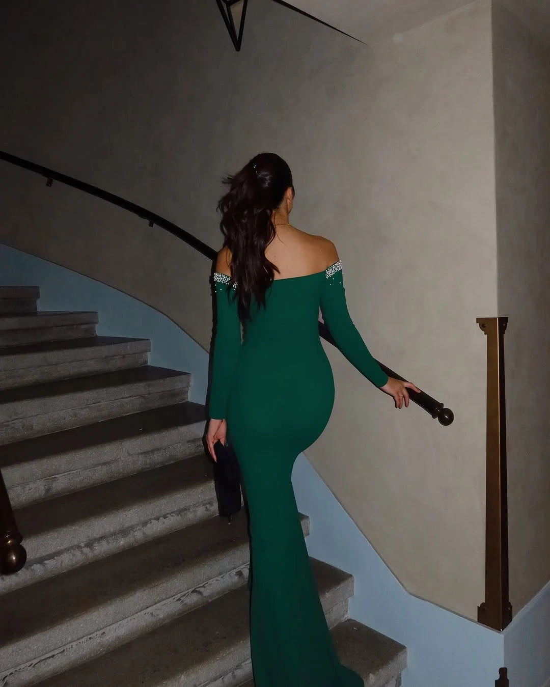 Glamorous Mermaid Off-Shoulder Long Sleeve Beaded Maxi Prom Dress
