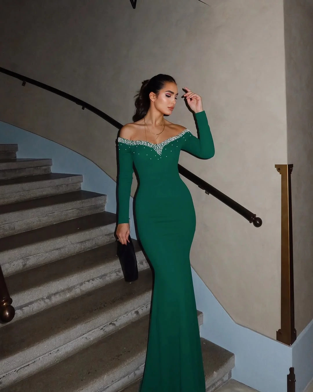 Glamorous Mermaid Off-Shoulder Long Sleeve Beaded Maxi Prom Dress