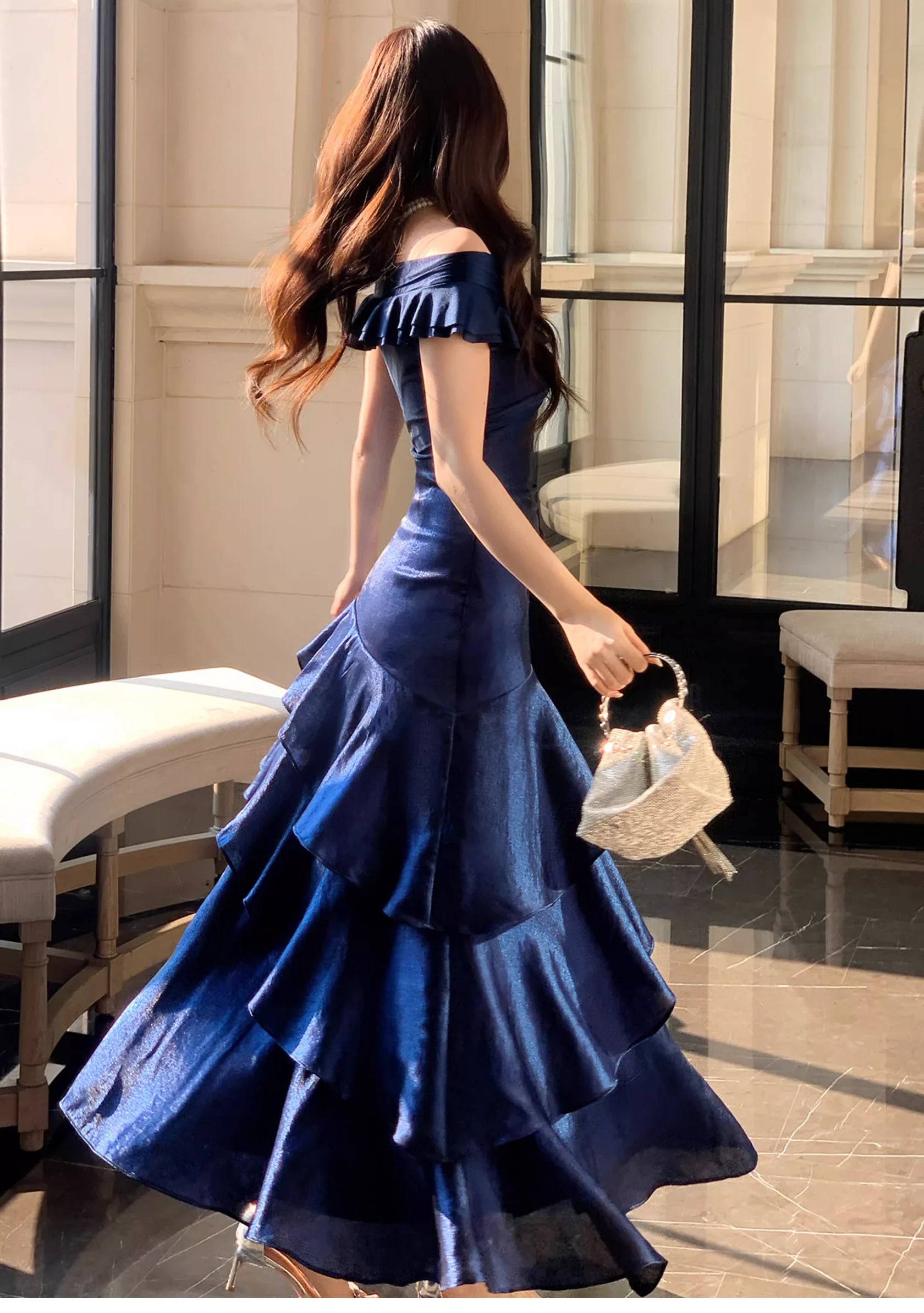 Glamorous Mermaid Off-Shoulder  Ruffled Midnight Blue Satin Prom Dresses