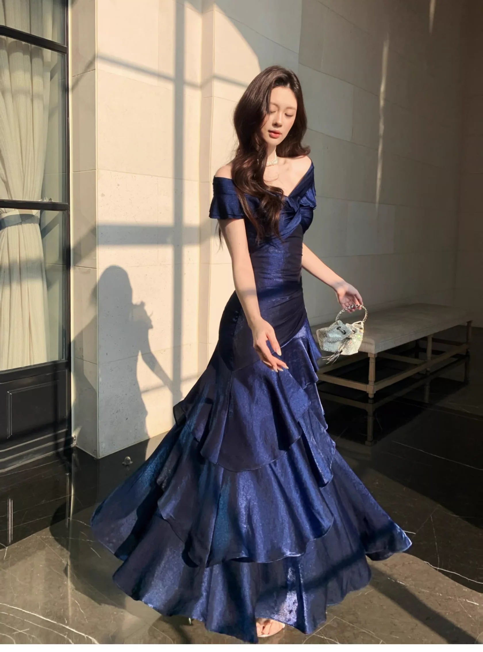 Glamorous Mermaid Off-Shoulder  Ruffled Midnight Blue Satin Prom Dresses