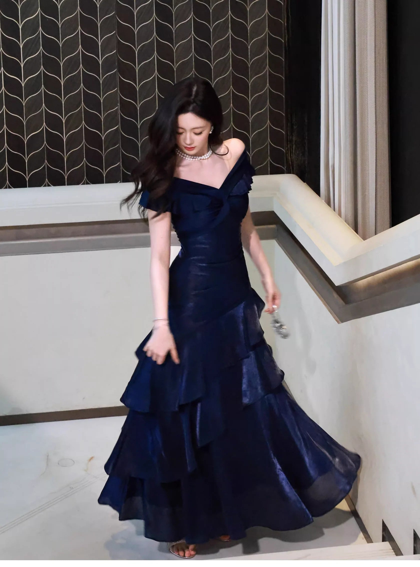 Glamorous Mermaid Off-Shoulder  Ruffled Midnight Blue Satin Prom Dresses