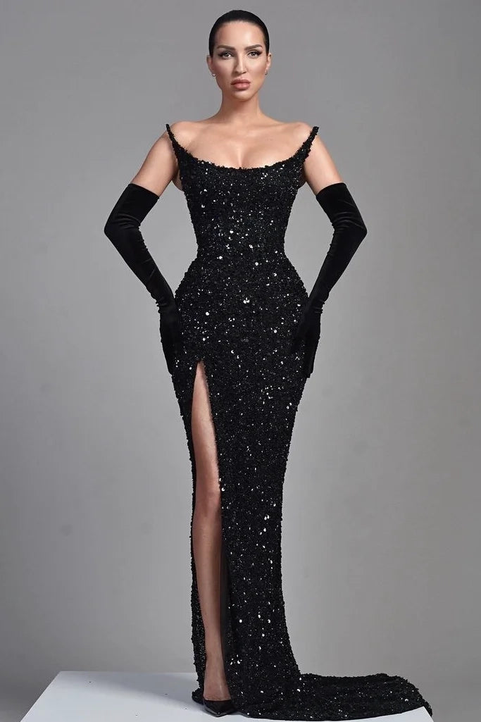 Glamorous Mermaid Off-Shoulder Sequin Black Evening Dress
