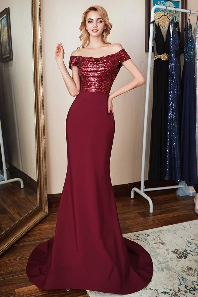 Glamorous Mermaid Off-Shoulder Sequin Burgundy Maxi Prom Dress