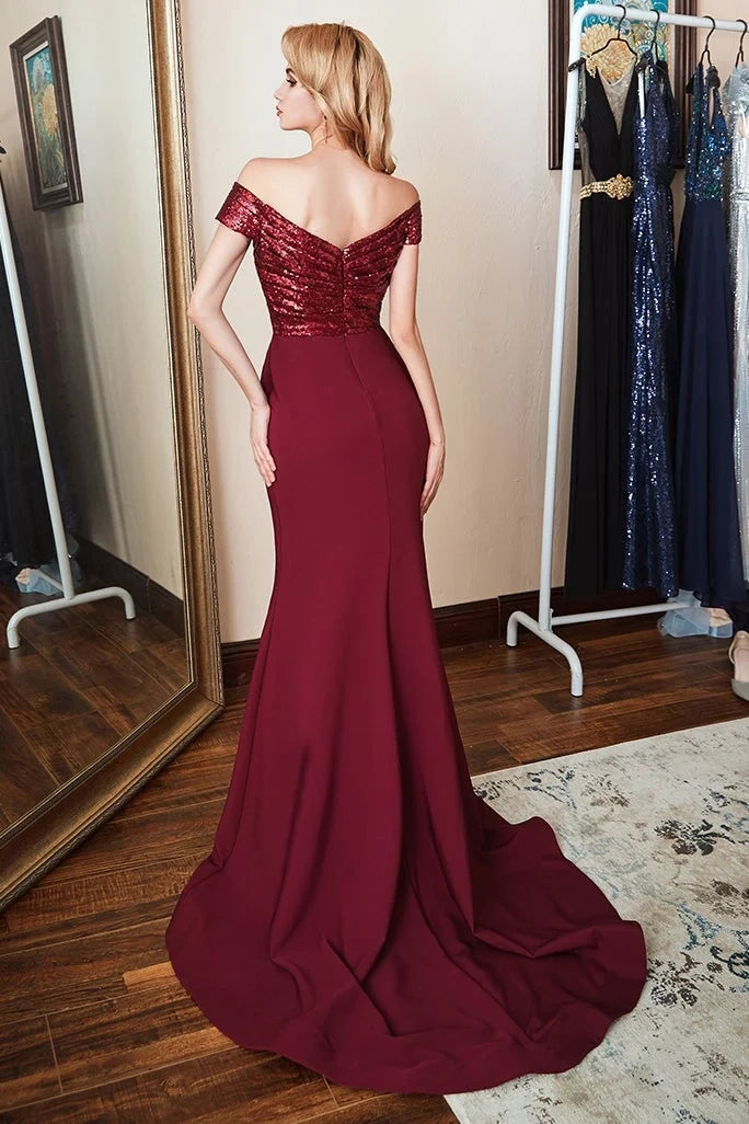 Glamorous Mermaid Off-Shoulder Sequin Burgundy Maxi Prom Dress