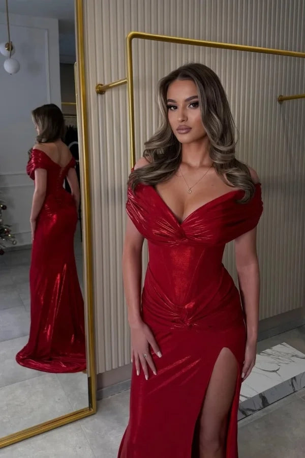 Glamorous Mermaid Off-Shoulder Sequin Red Maxi Party Dress