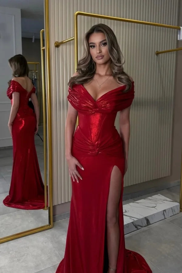Glamorous Mermaid Off-Shoulder Sequin Red Maxi Party Dress