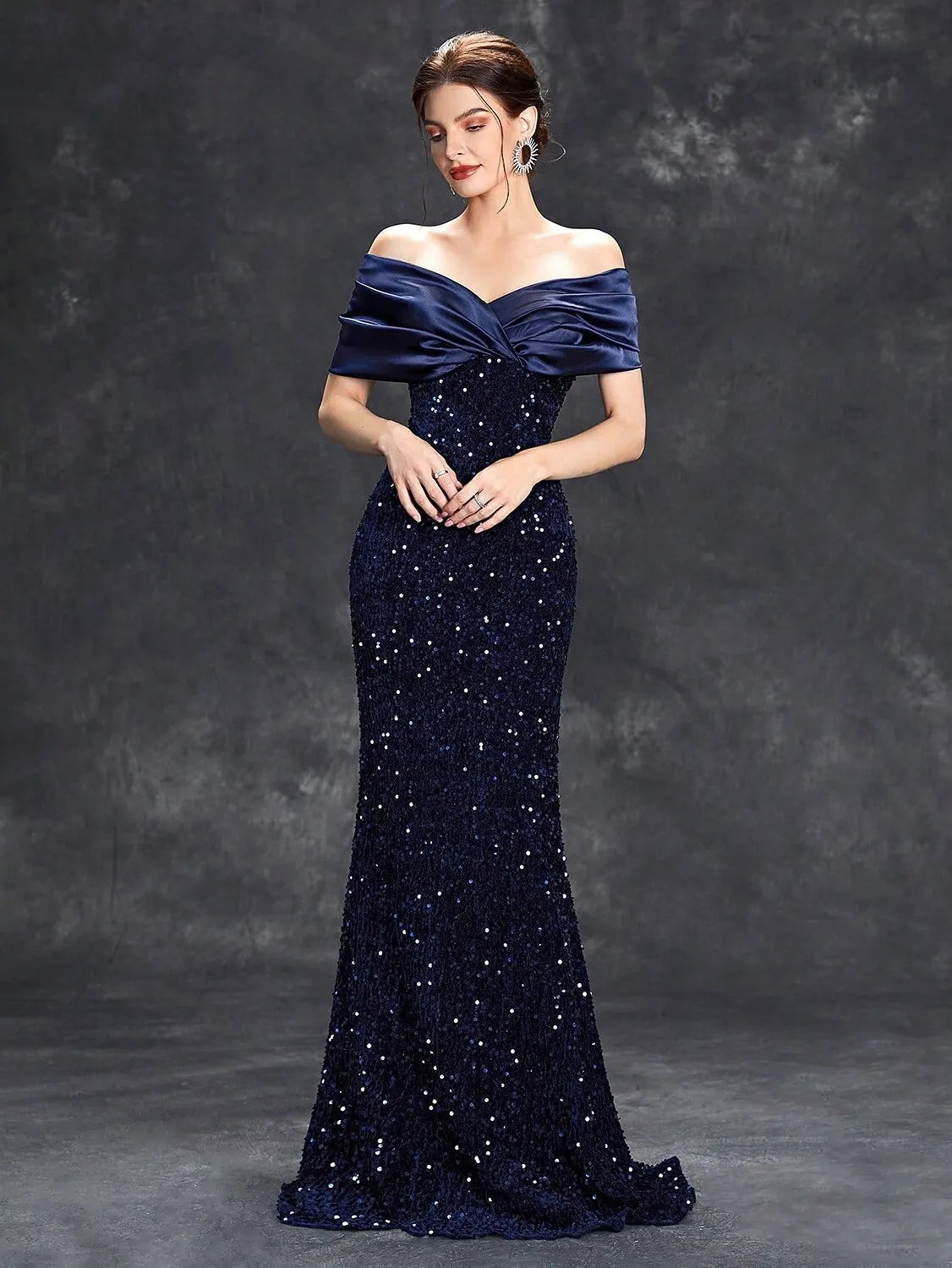 Glamorous Mermaid Off-Shoulder Sleeveless Sequin Navy Blue Long Prom Dress For Women Ready To Ship