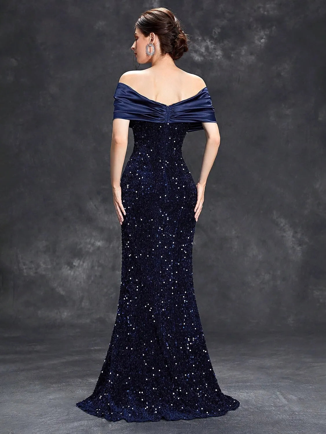 Glamorous Mermaid Off-Shoulder Sleeveless Sequin Navy Blue Long Prom Dress For Women Ready To Ship