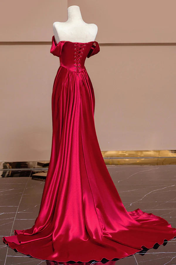 Glamorous Mermaid Off-the-Shoulder Ruched Red Satin Long Prom Dresses