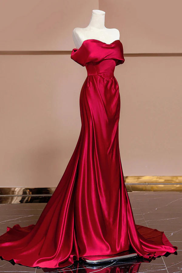 Glamorous Mermaid Off-the-Shoulder Ruched Red Satin Long Prom Dresses