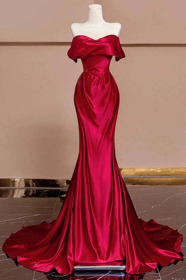 Glamorous Mermaid Off-the-Shoulder Ruched Red Satin Long Prom Dresses