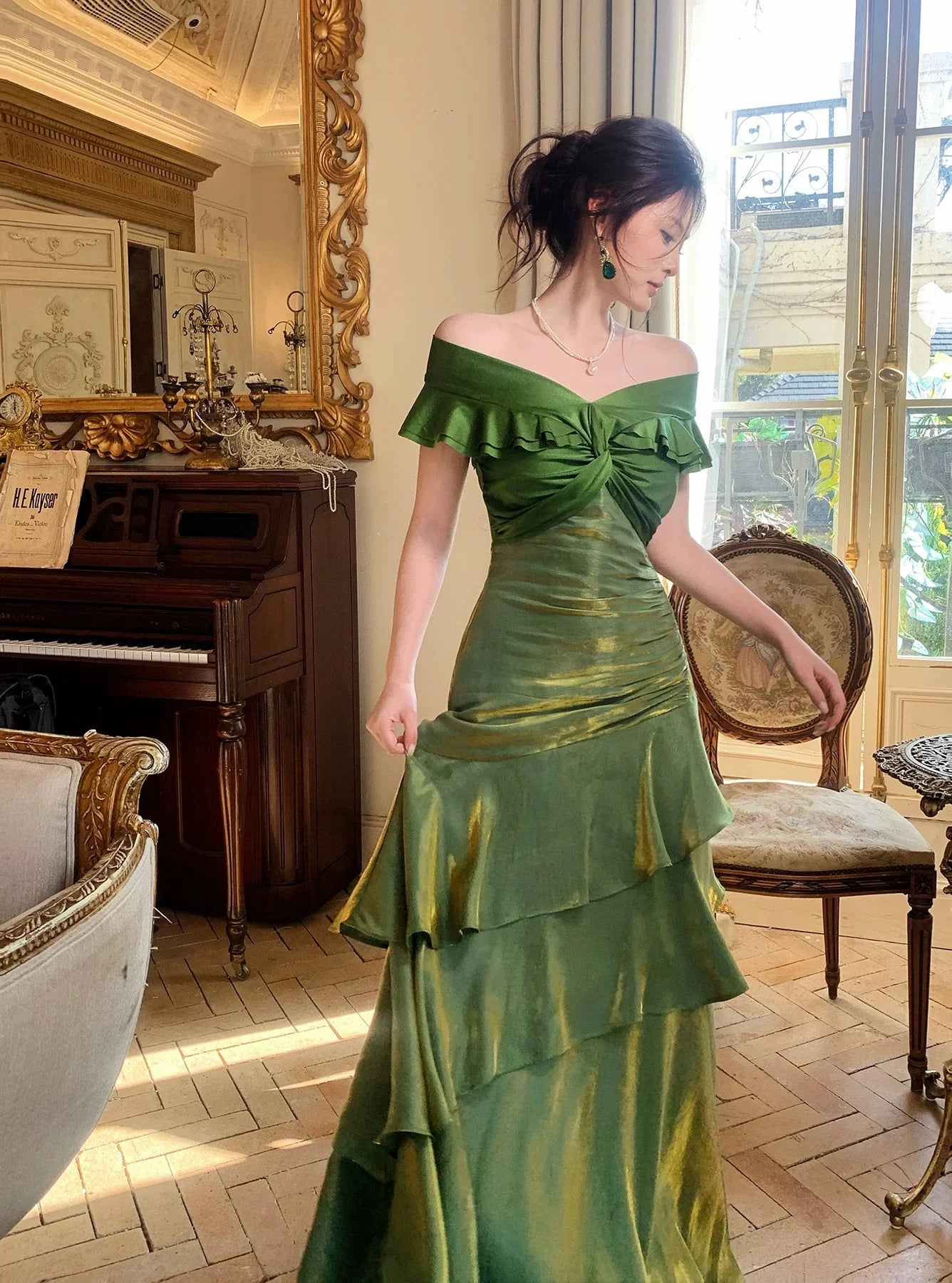 Glamorous Mermaid Off-the-Shoulder Ruffled Green Maxi Prom Dress