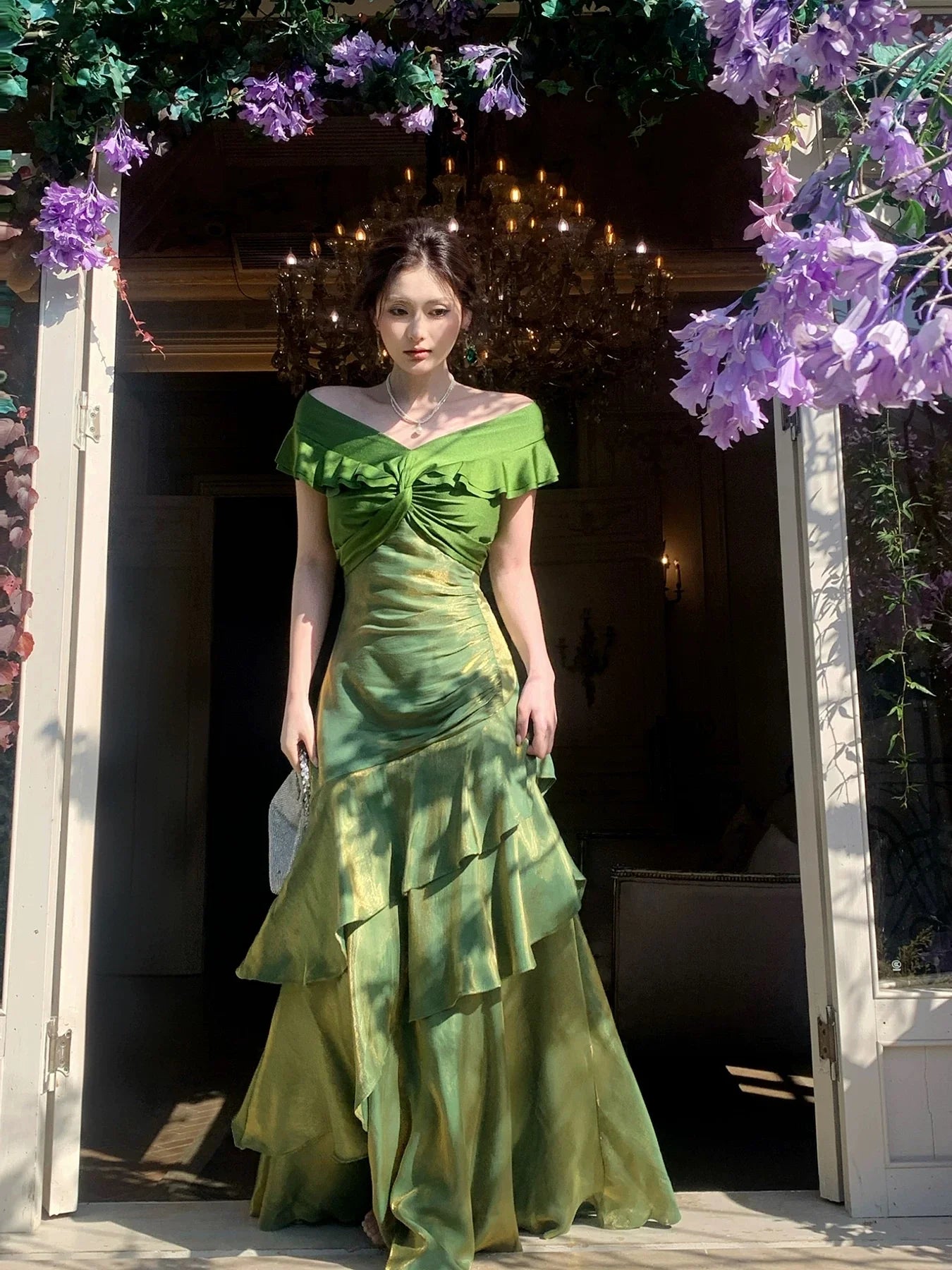 Glamorous Mermaid Off-the-Shoulder Ruffled Green Maxi Prom Dress