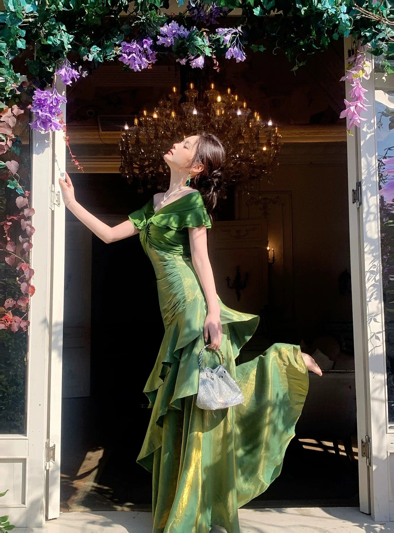 Glamorous Mermaid Off-the-Shoulder Ruffled Green Maxi Prom Dress