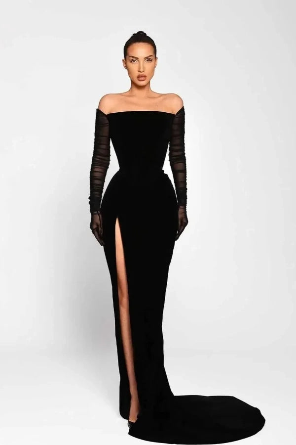 Glamorous Mermaid Off-the-Shoulder Velvet Black Evening Dress