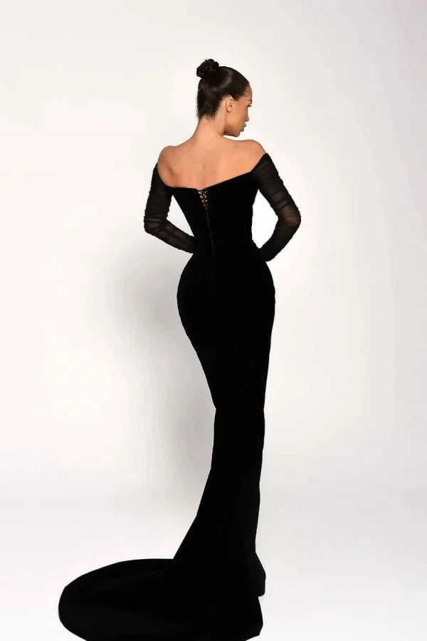 Glamorous Mermaid Off-the-Shoulder Velvet Black Evening Dress