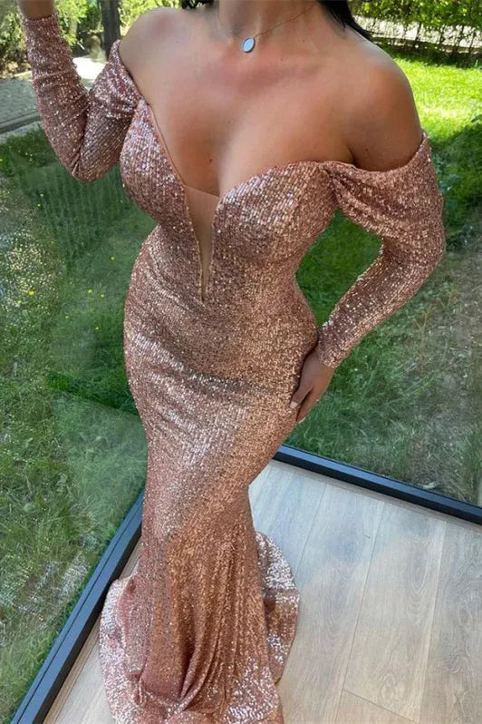 Glamorous Mermaid Off-the-shoulder Sequin Rose Gold Evening Dress For Ladies Hot Sale