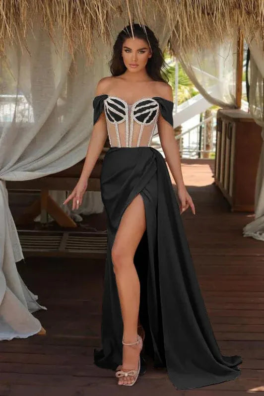Glamorous Mermaid Off Shoulder Corset Beaded Champagne Train Prom Dress For Women For Sale