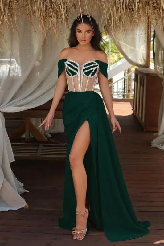 Glamorous Mermaid Off Shoulder Corset Beaded Champagne Train Prom Dress For Women For Sale