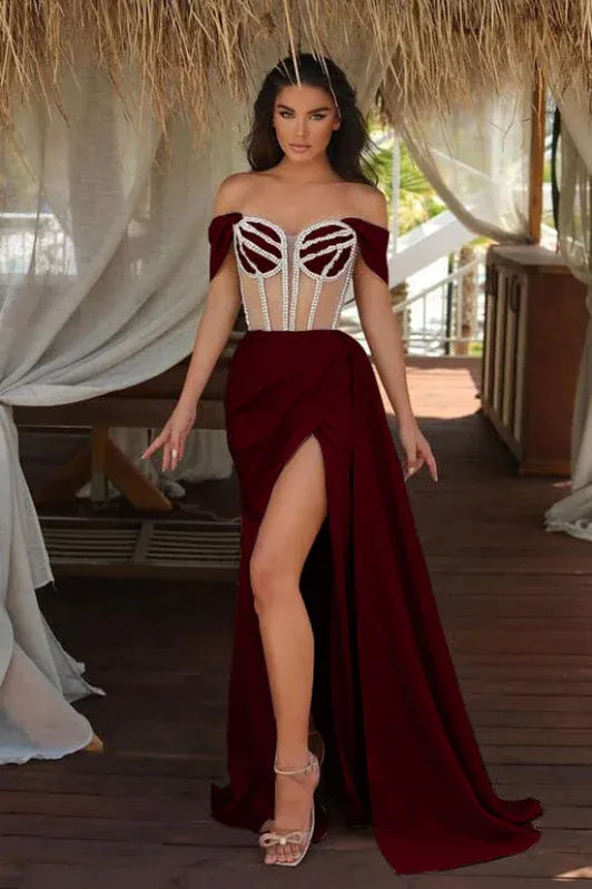 Glamorous Mermaid Off Shoulder Corset Beaded Champagne Train Prom Dress For Women For Sale