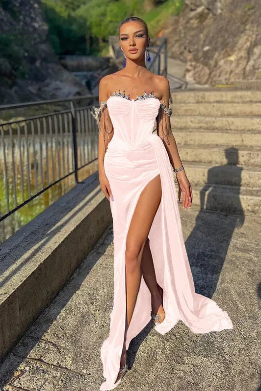 Glamorous Mermaid Off Shoulder Crystal Embellished Ruched Indigo Train Evening Dress Buy