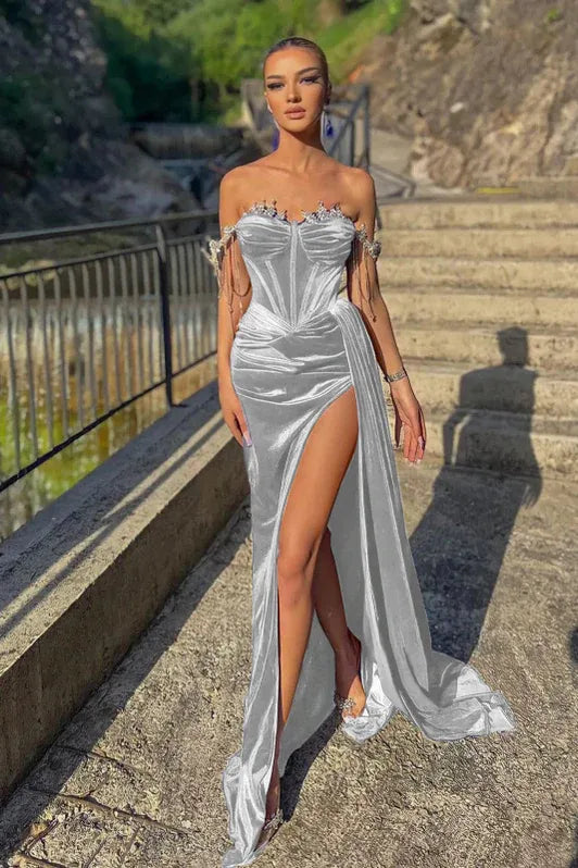 Glamorous Mermaid Off Shoulder Crystal Embellished Ruched Indigo Train Evening Dress Buy
