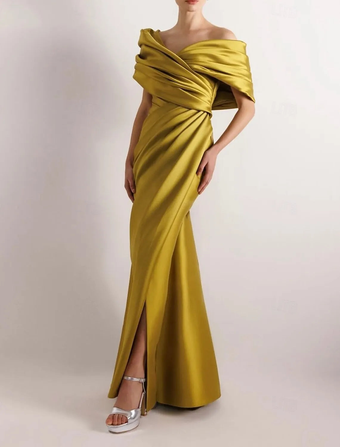 Glamorous Mermaid Off Shoulder Ruched Slit Olive Floor Length Prom Dress Hot Sale