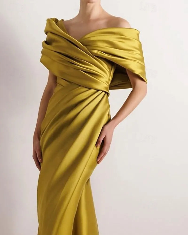 Glamorous Mermaid Off Shoulder Ruched Slit Olive Floor Length Prom Dress Hot Sale