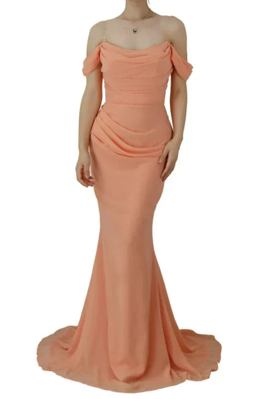 Glamorous Mermaid Off Shoulder Ruched Peach Floor-Length Prom Dresses