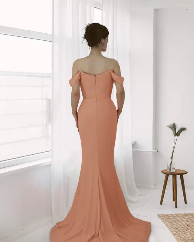 Glamorous Mermaid Off Shoulder Ruched Peach Floor-Length Prom Dresses