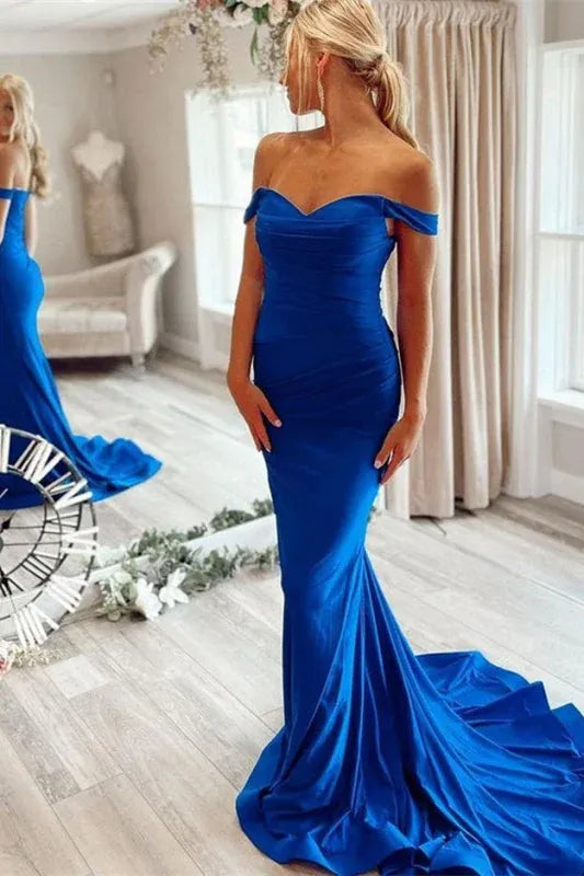 Glamorous Mermaid Off Shoulder Ruched Royal Blue Floor-Length Evening Dress For Women