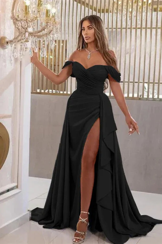 Glamorous Mermaid Off Shoulder Ruched Ruffle Slit Sky Blue Train Prom Dress For Women Hot Sale