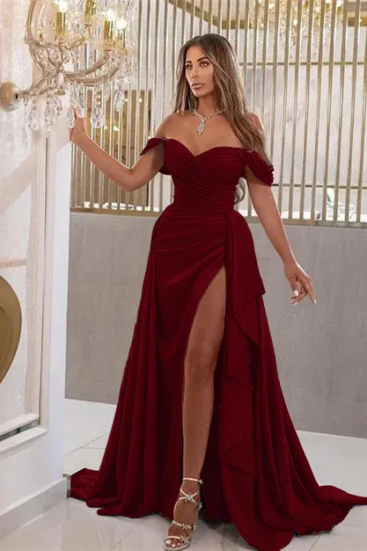Glamorous Mermaid Off Shoulder Ruched Ruffle Slit Sky Blue Train Prom Dress For Women Hot Sale