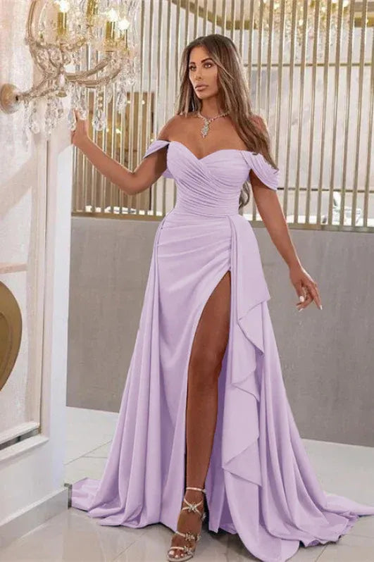 Glamorous Mermaid Off Shoulder Ruched Ruffle Slit Sky Blue Train Prom Dress For Women Hot Sale