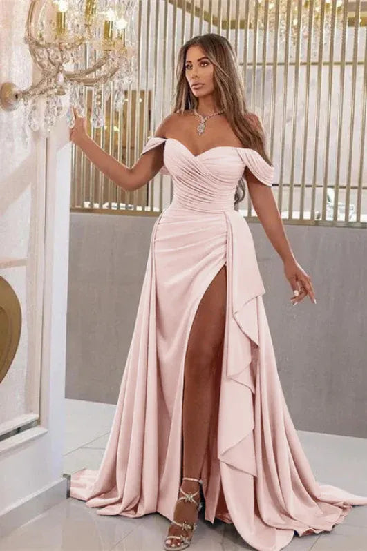 Glamorous Mermaid Off Shoulder Ruched Ruffle Slit Sky Blue Train Prom Dress For Women Hot Sale