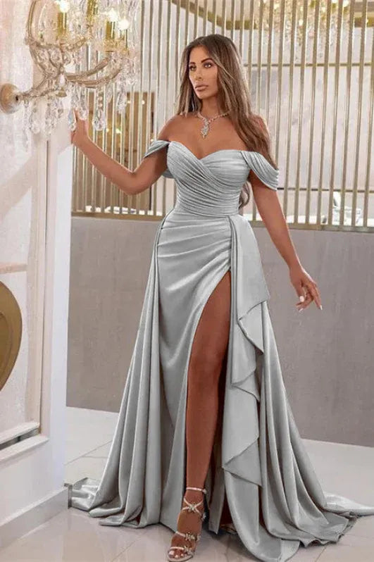 Glamorous Mermaid Off Shoulder Ruched Ruffle Slit Sky Blue Train Prom Dress For Women Hot Sale