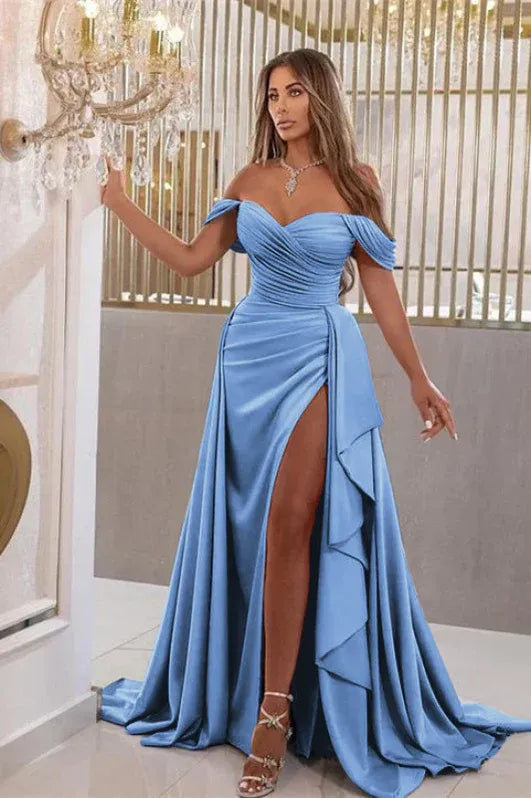 Glamorous Mermaid Off Shoulder Ruched Ruffle Slit Sky Blue Train Prom Dress For Women Hot Sale