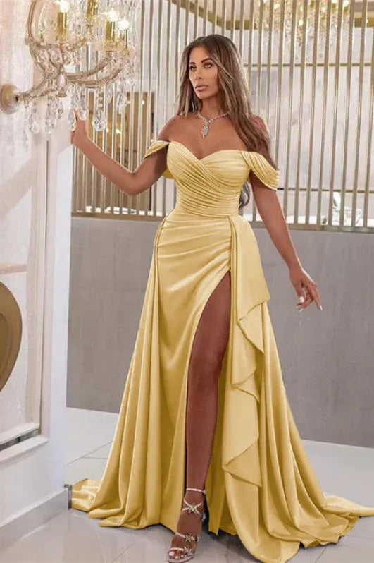 Glamorous Mermaid Off Shoulder Ruched Ruffle Slit Sky Blue Train Prom Dress For Women Hot Sale