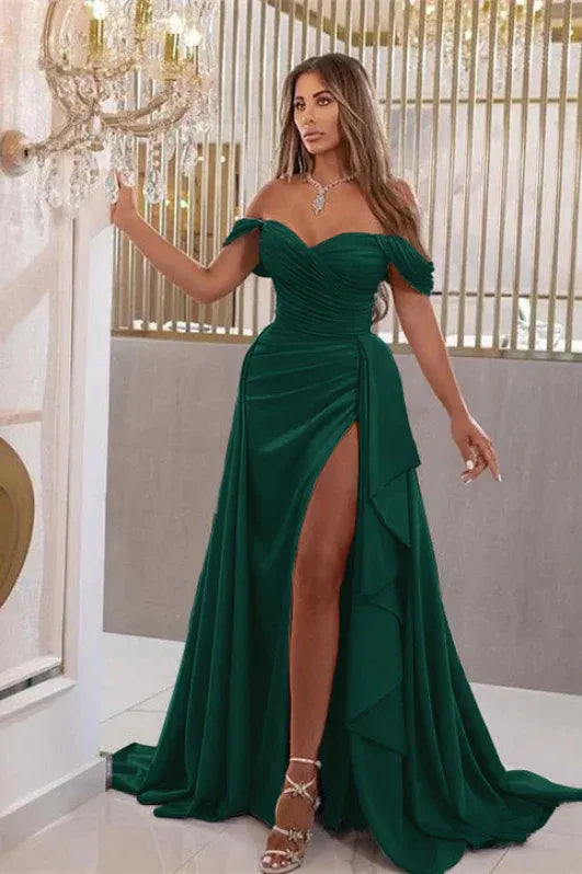 Glamorous Mermaid Off Shoulder Ruched Ruffle Slit Sky Blue Train Prom Dress For Women Hot Sale
