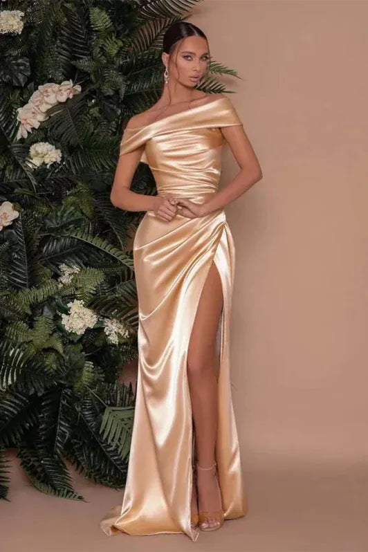 Glamorous Mermaid Off Shoulder Ruched Slit Champagne Floor Length Prom Dress For Women Buy