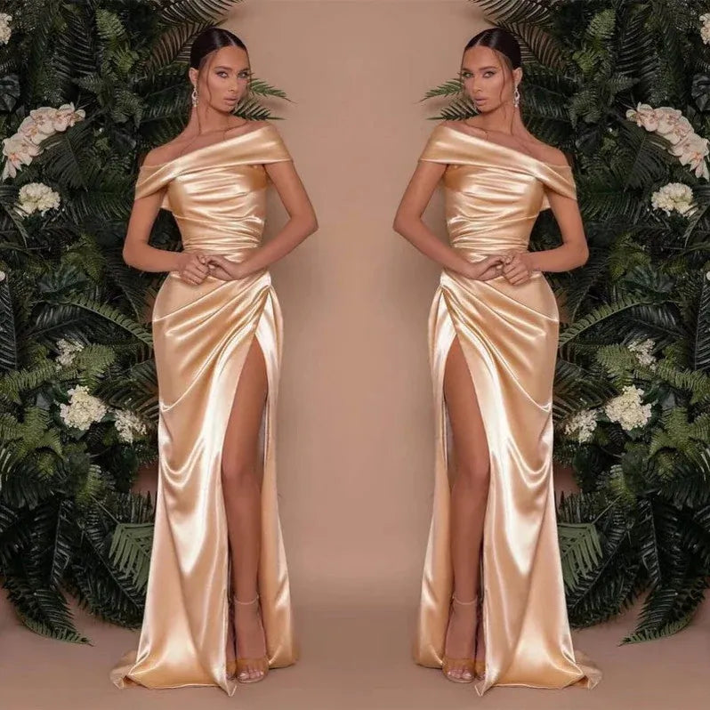 Glamorous Mermaid Off Shoulder Ruched Slit Champagne Floor Length Prom Dress For Women Buy